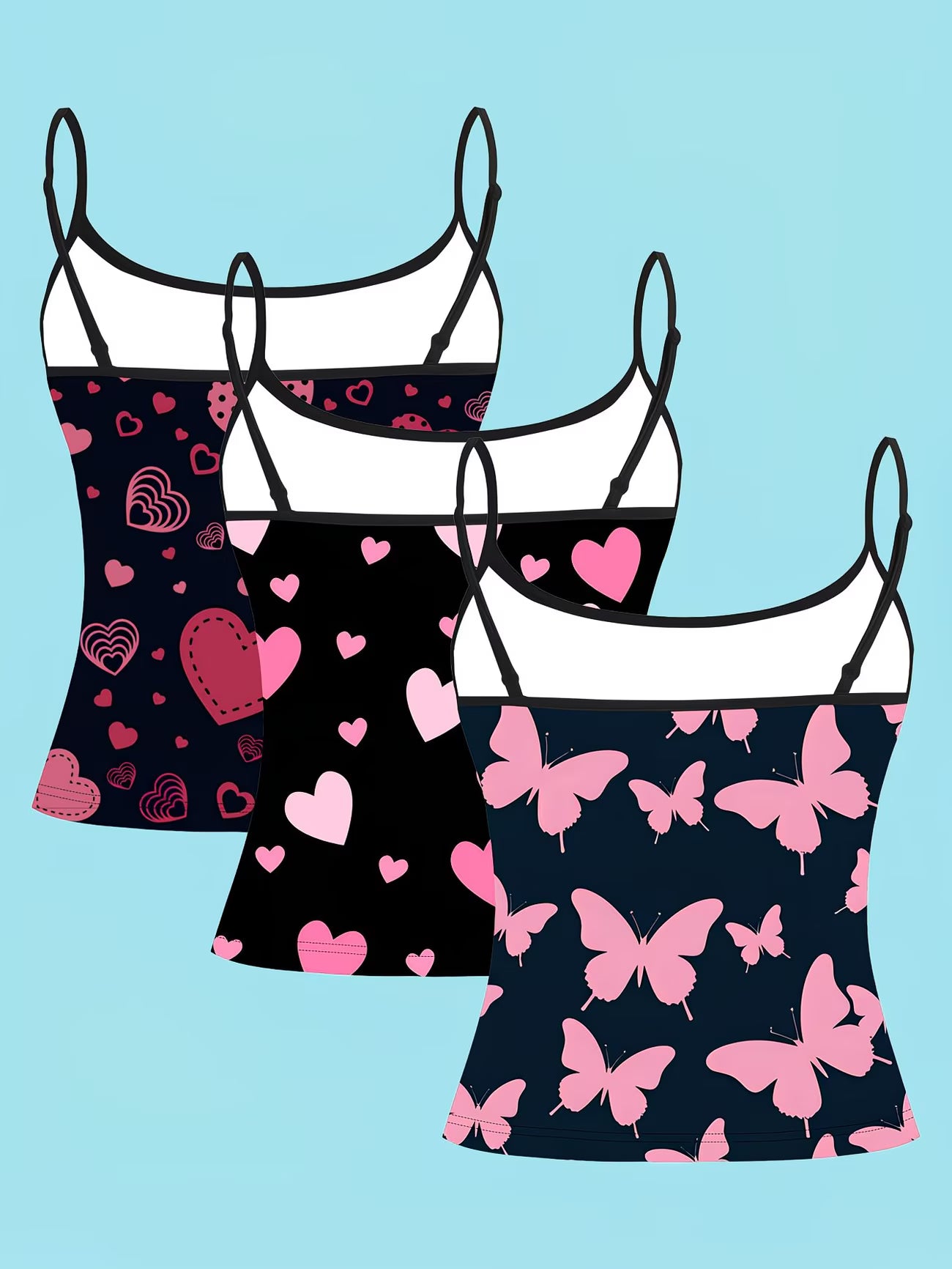 Dreamy Pink Heart & Butterfly Print Camisole Set – 3-Piece Women's
