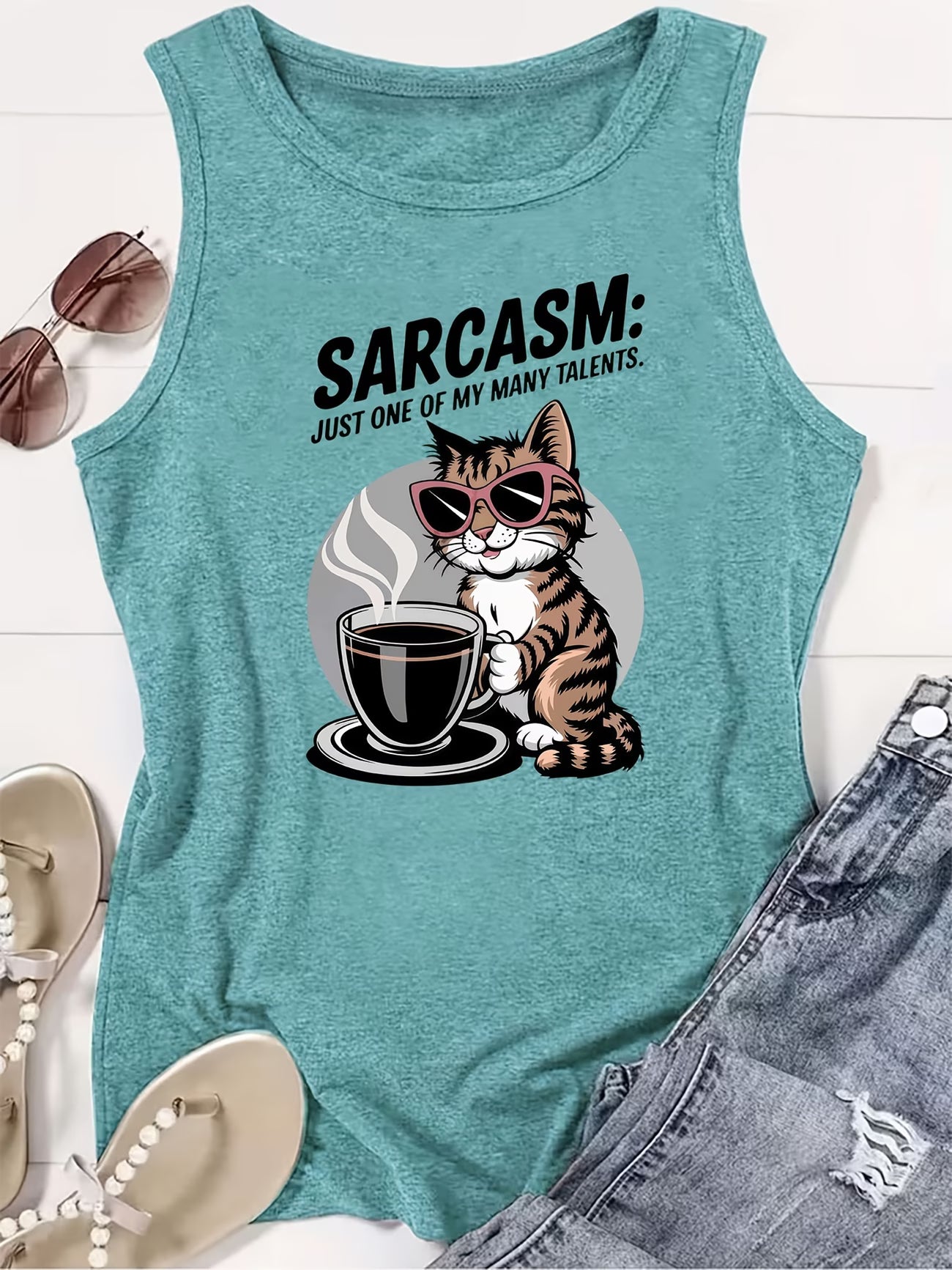Women's Sarcasm, Cool Cats & Coffee Print Sleeveless Vest