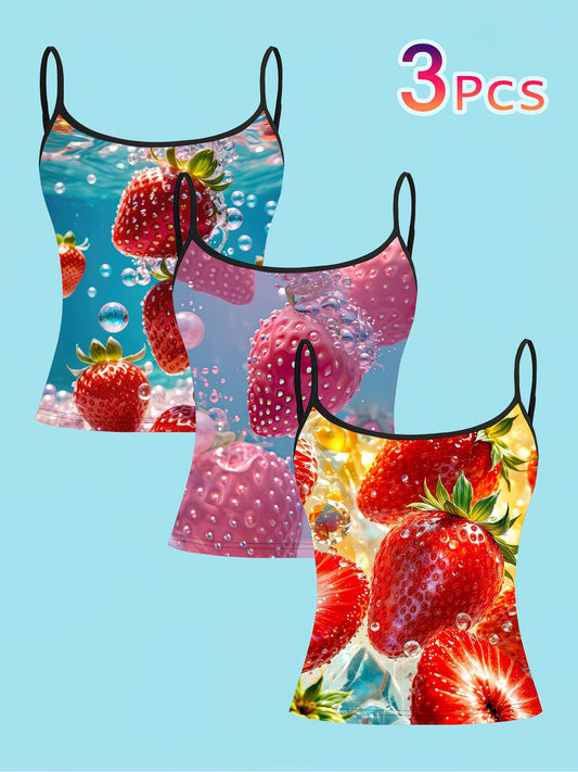 Fresh Strawberry Bubble Print Camisole – 3-Piece Spaghetti Strap Summer Top