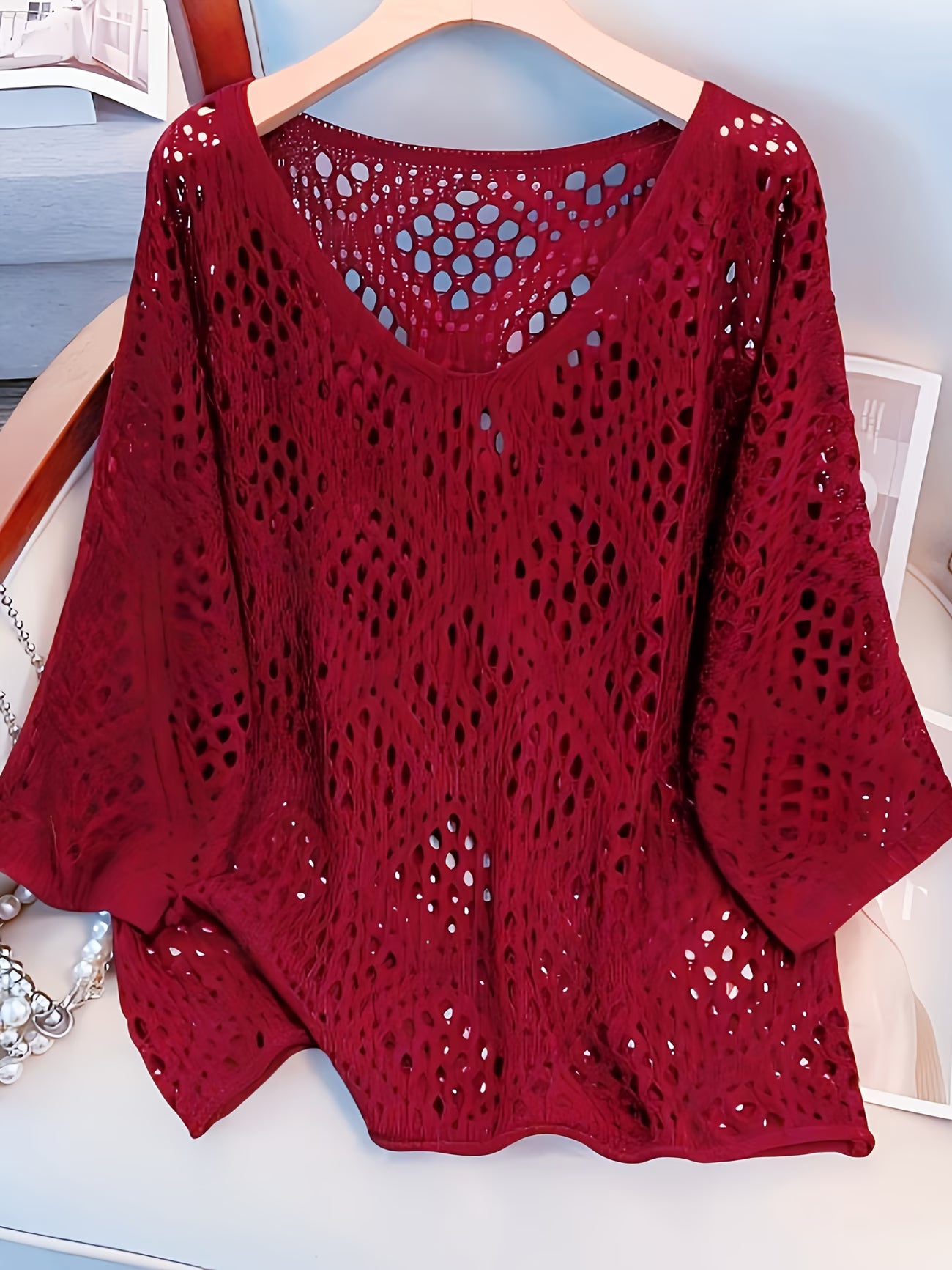 Plus Size Paisley Print Hollow-Out Loose Fit Top