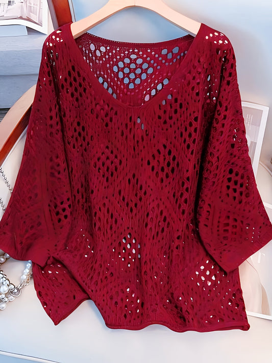 Plus Size Paisley Print Hollow-Out Loose Fit Top