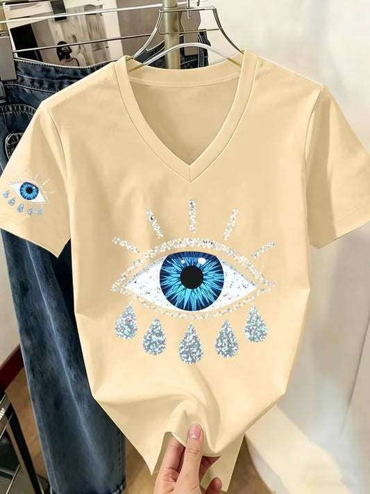 Fashion Eye Decor V-Neck Short Sleeve T-Shirt