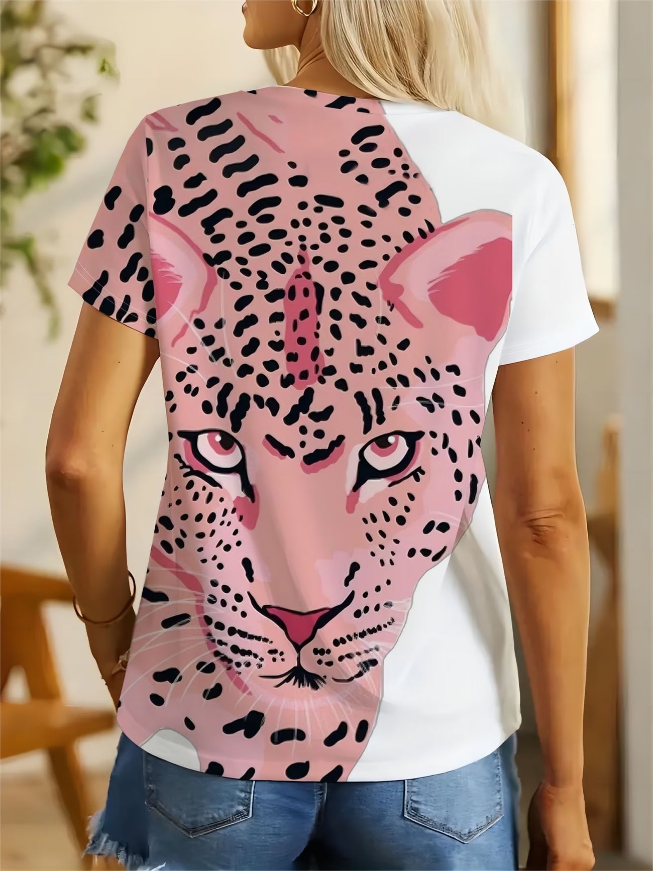 Women's Colour-Block Leopard Print T-Shirt — Pink