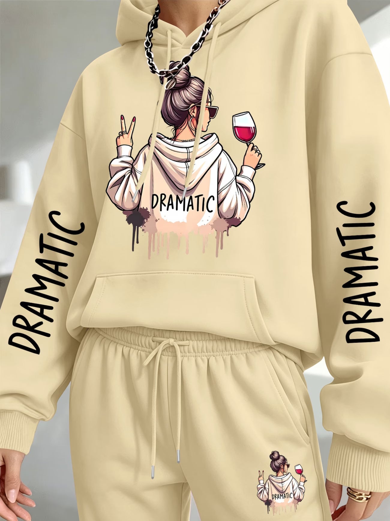 Dramatic Woman Red Wine Graphic Hooded Sweatshirt & Sweatpants Set