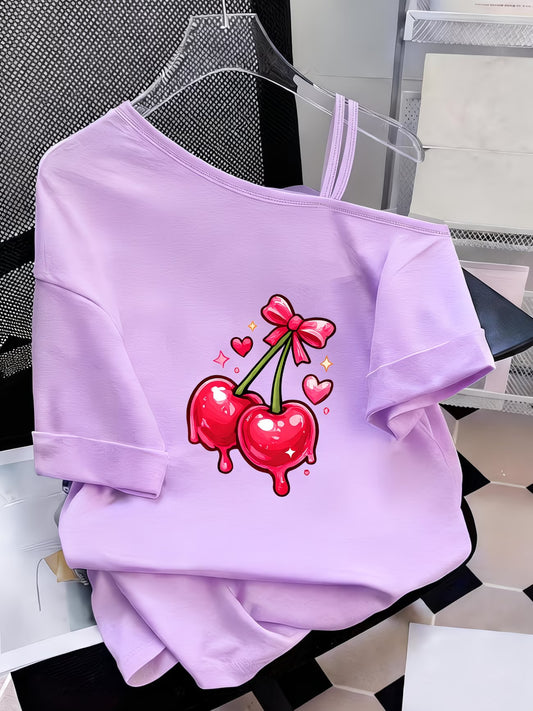 Women's Y2K Off-Shoulder T-Shirt – Cherry & Heart Print