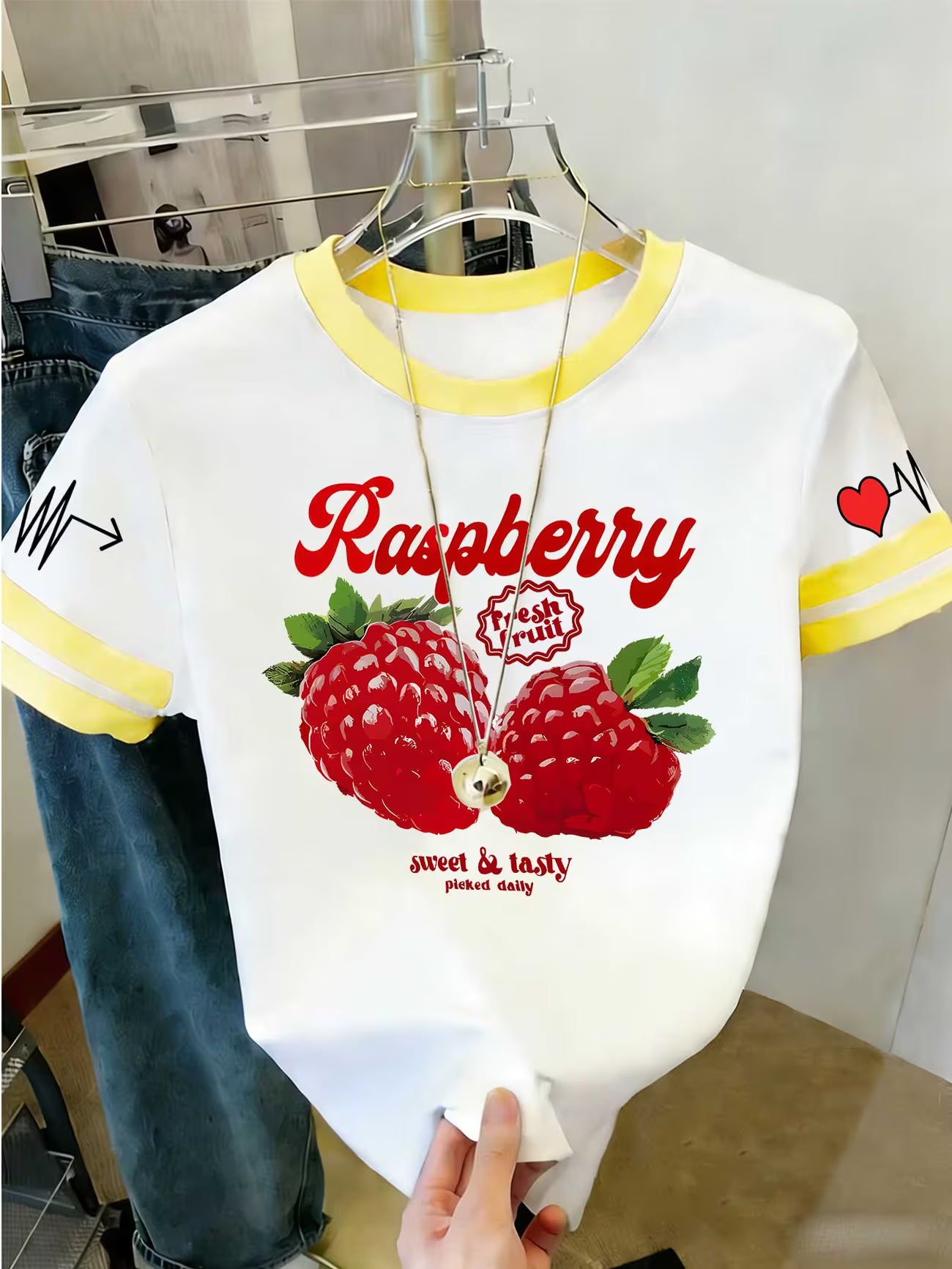 Raspberry Print Colour-Block Short-Sleeve Top