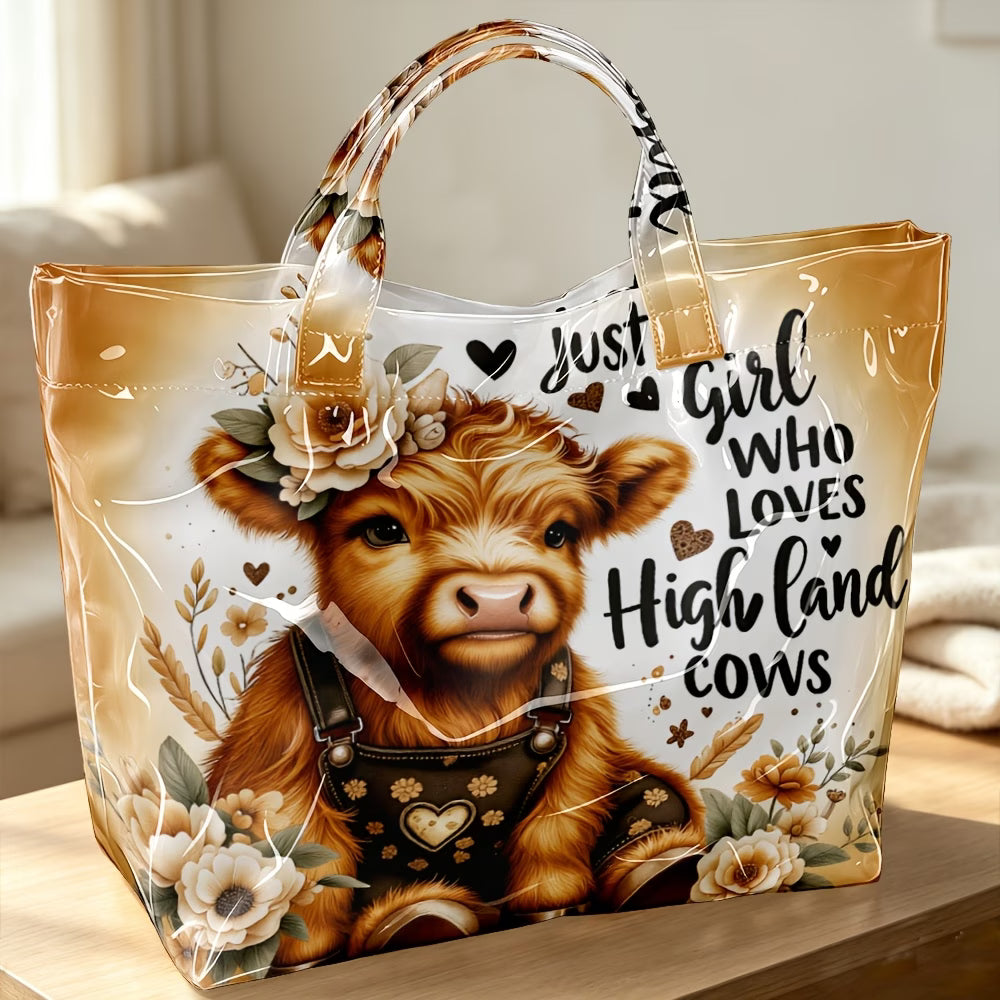 Glossy Highland Cow & Hearts Handheld Tote Bag – Random Print