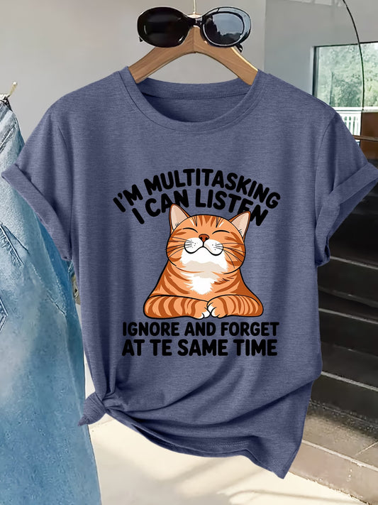 Women's Playful Orange Cat Print Graphic Tee | Short-Sleeve T-Shirt