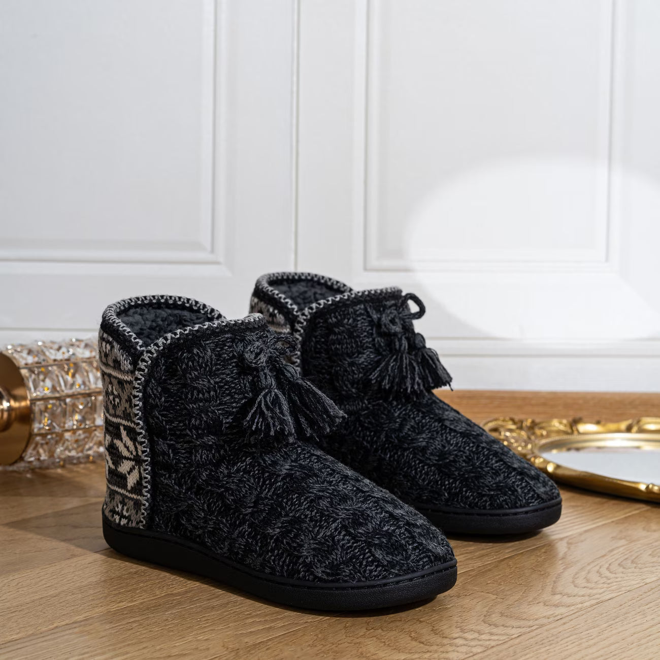 Women's Autumn & Winter Fleece-Lined Tassel Knitted Boots – Available in Various Colours