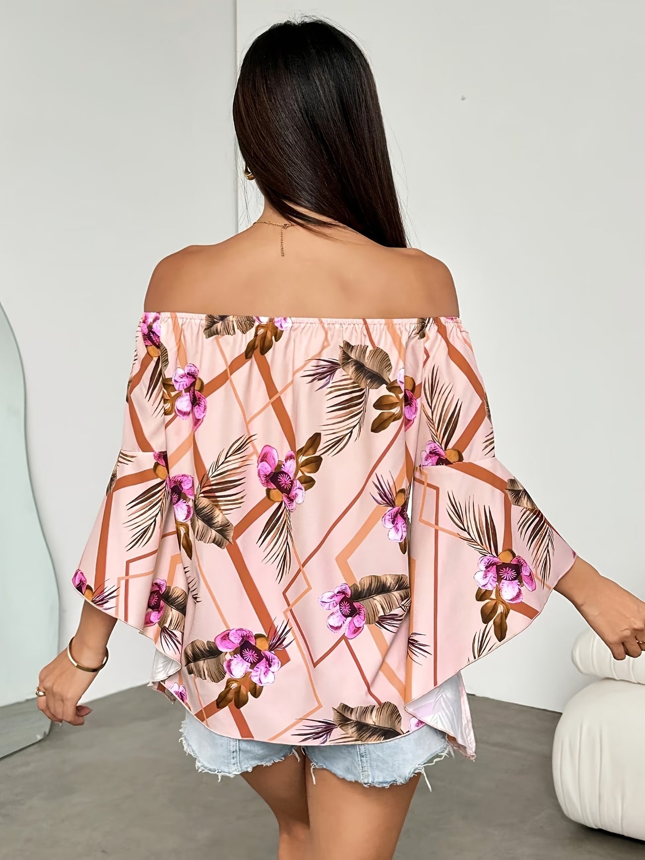 Pink Floral Off-Shoulder Top with Flared Sleeves