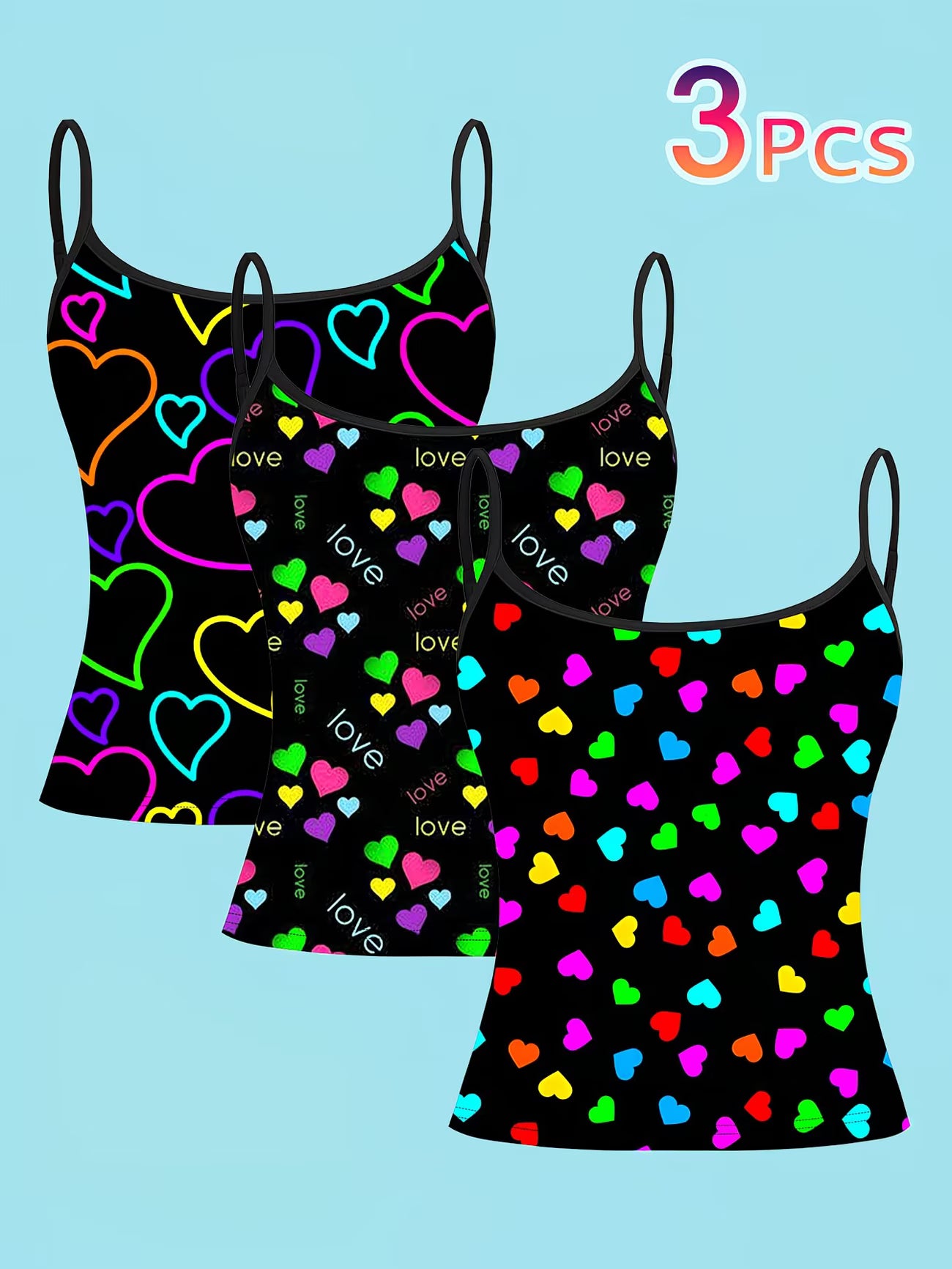 Neon Heart & Love Print Cami Tank Top – 3-Pack Women's