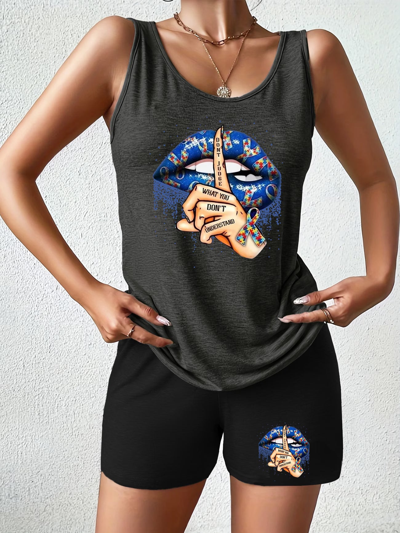 sexy lips printed, advanced comfort vest, two-piece suit.