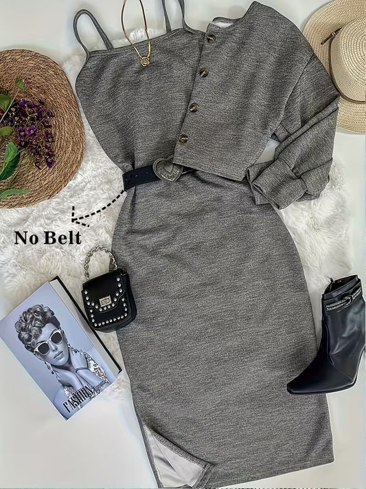 Two-Piece Set Featuring a Camisole Dress And a Cardigan,