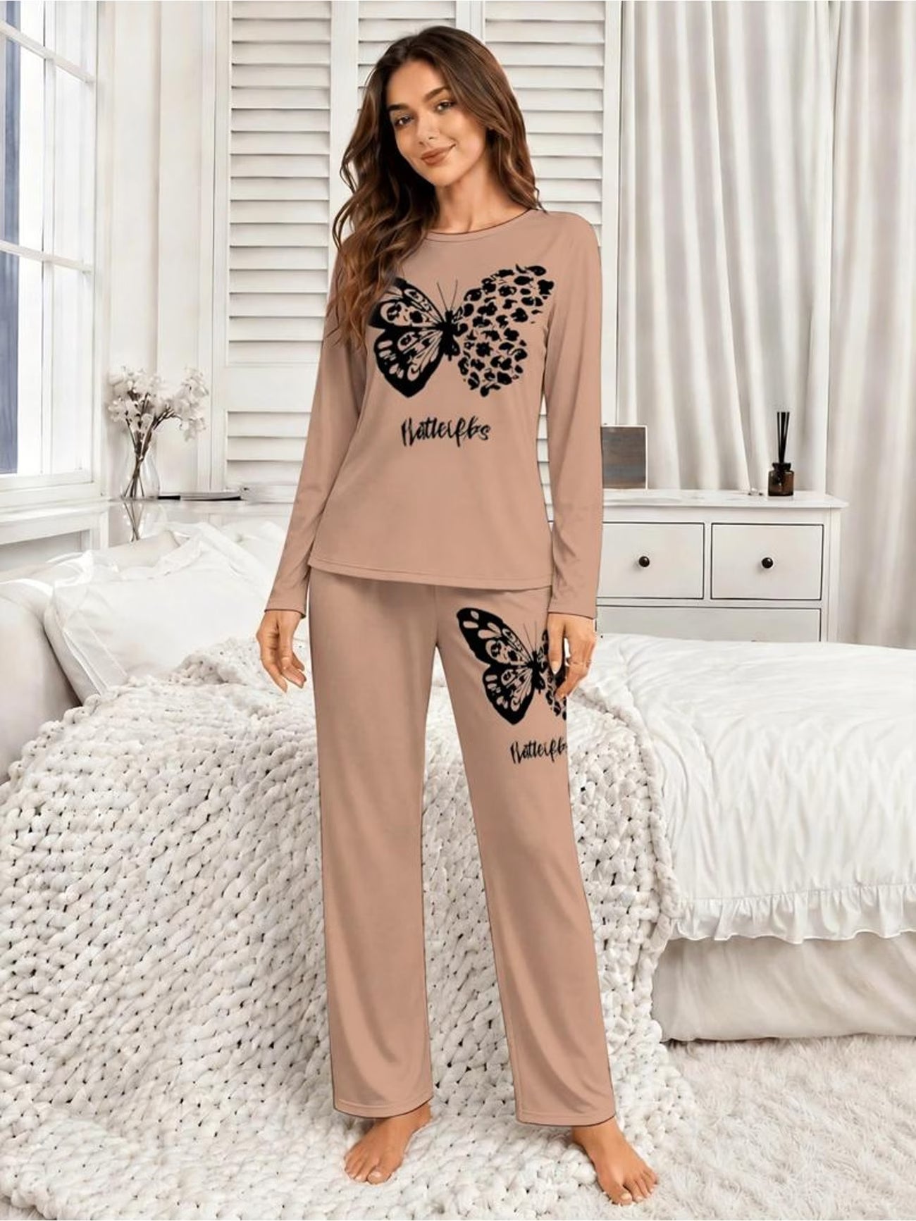 Butterflies Rayon Fabric Long-Sleeve & Long-Pants Pajama Set