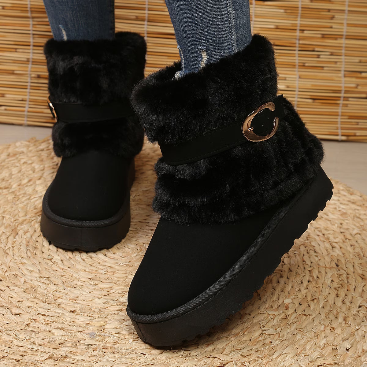Women's Fuzzy-Lined Ankle Boots with Decorative Buckle