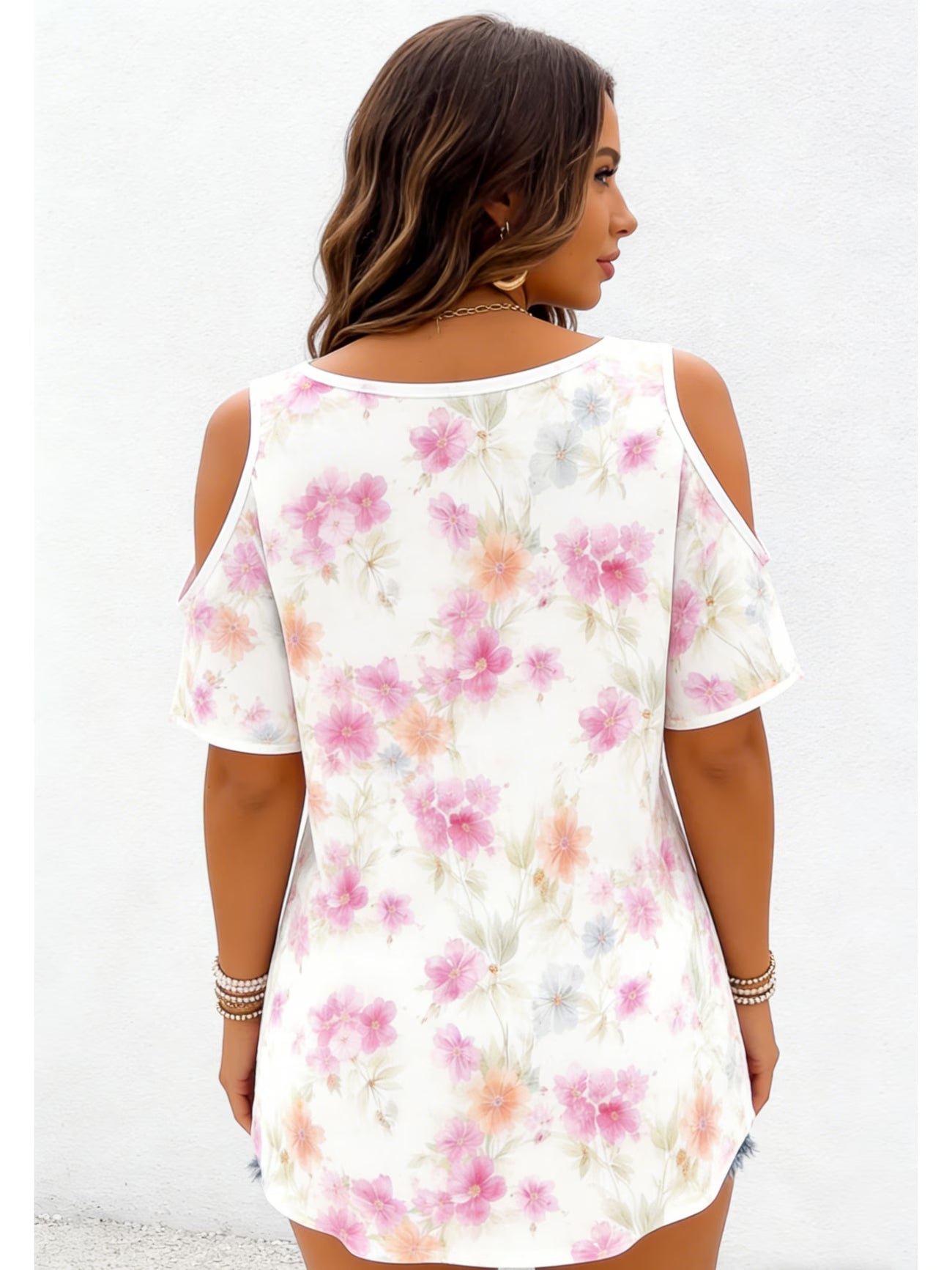 Bloom & Breeze Off-Shoulder Tee – Casual Floral Loose Fit Short Sleeve Top