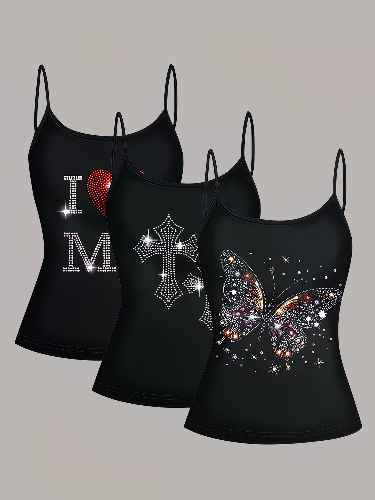 3-Piece Sparkling Butterfly Print Summer Set — Black