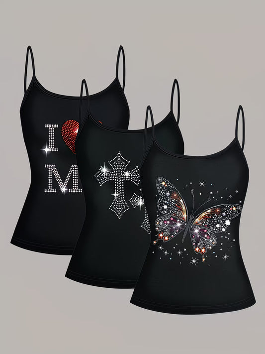 3-Piece Sparkling Butterfly Print Summer Set — Black