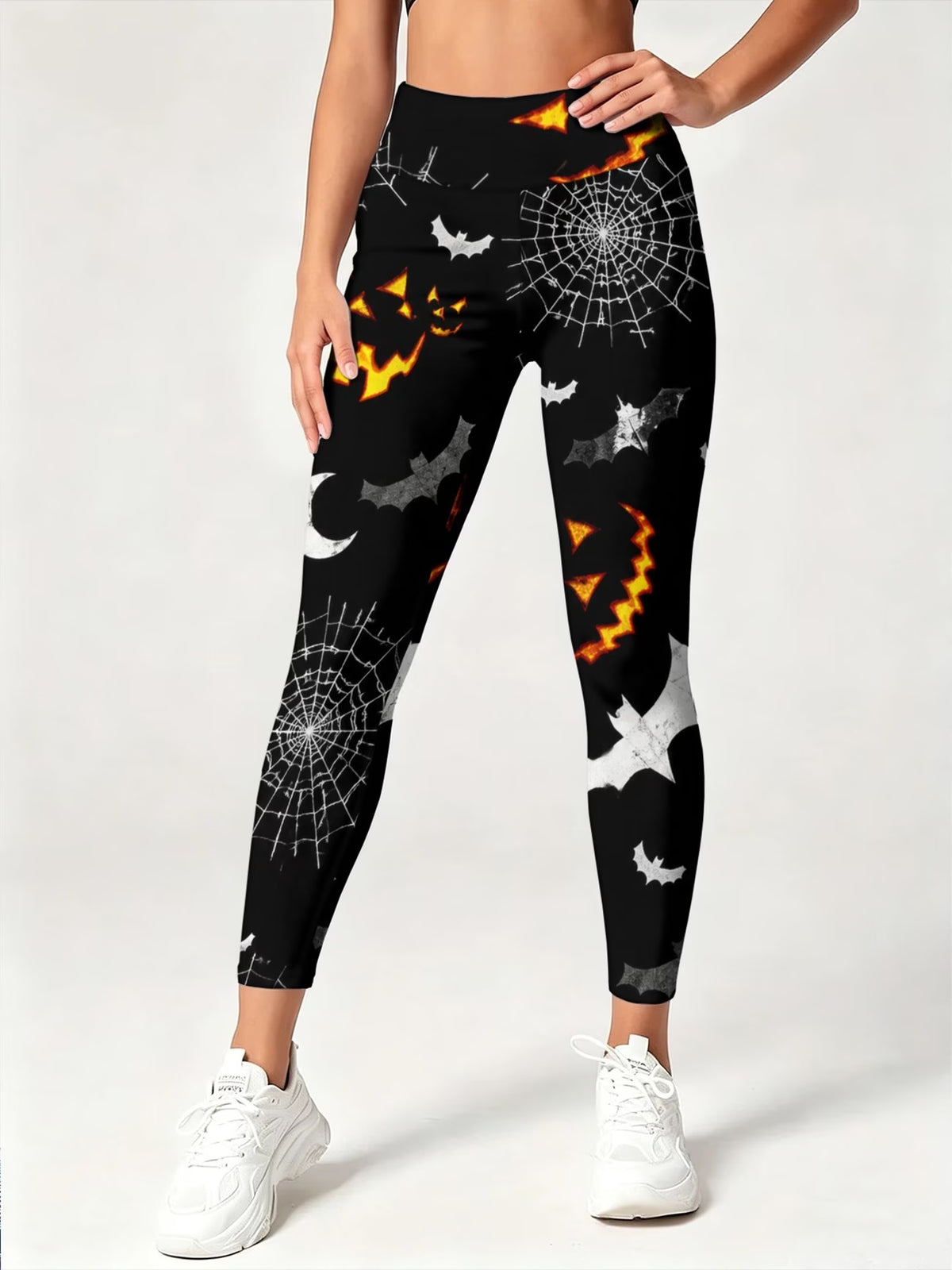 Women's Halloween Pumpkin, Bat & Spiderweb Print Leggings