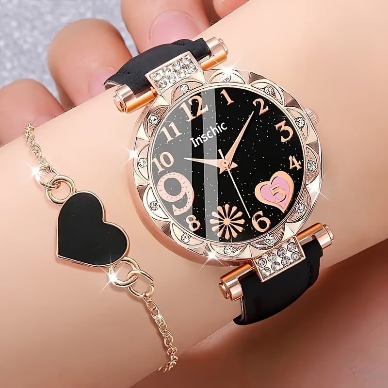 2pcs Women's Heart-Shaped Quartz Watch & Bracelet Set
