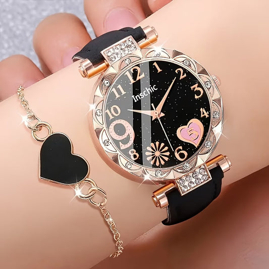2pcs Women's Heart-Shaped Quartz Watch & Bracelet Set