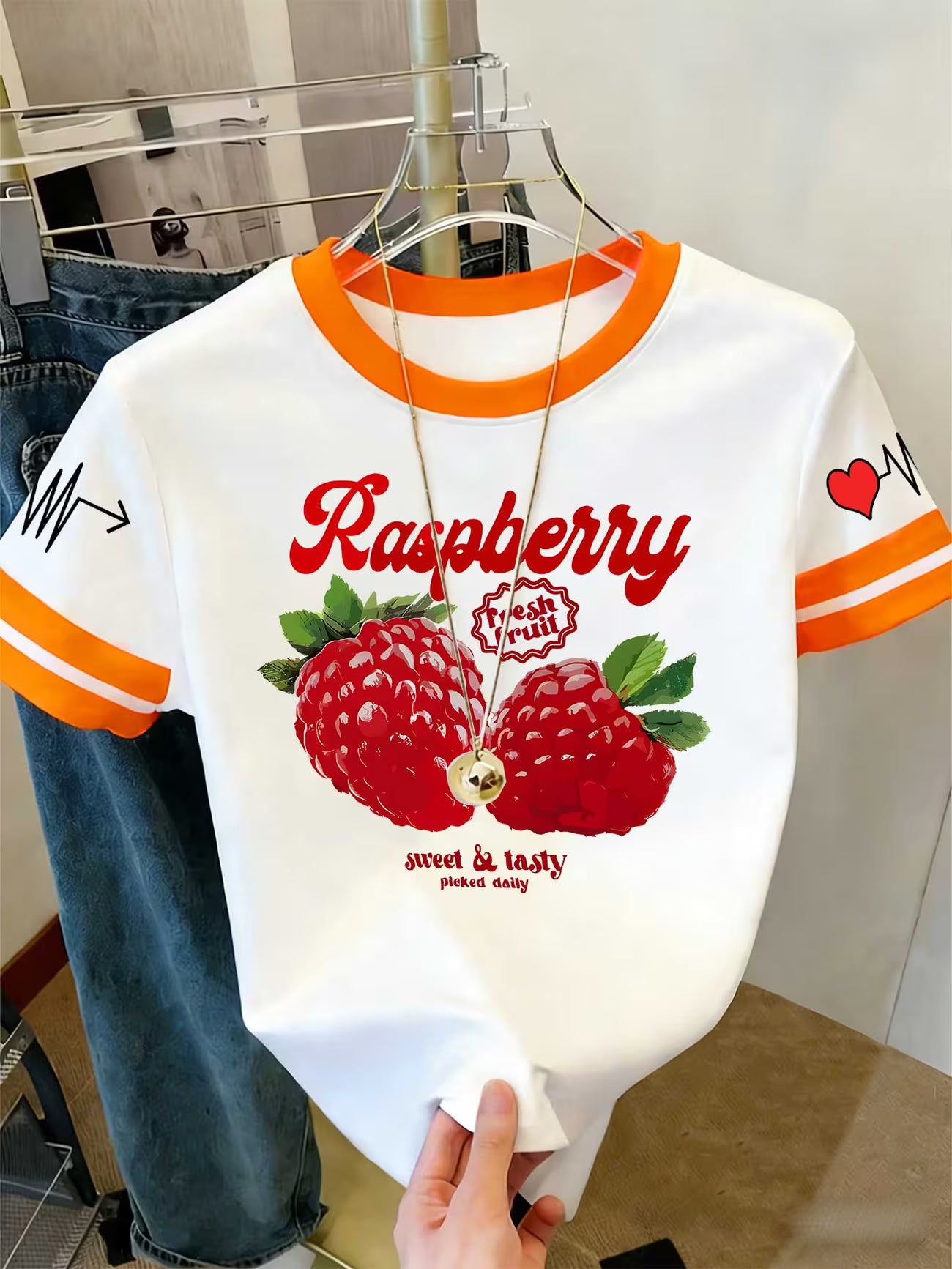 Raspberry Print Colour-Block Short-Sleeve Top