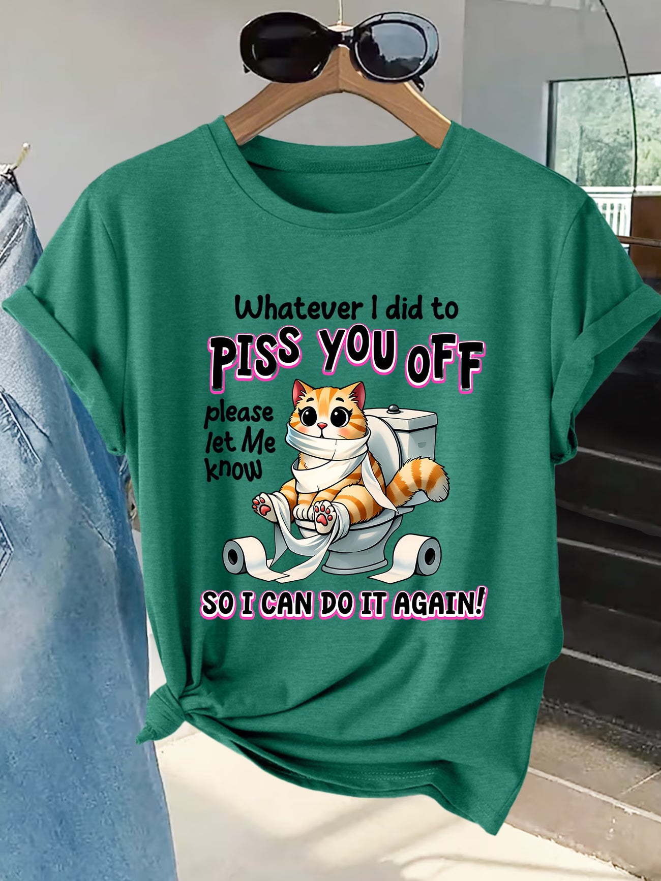 Plus Size Women's Funny Cat in Toilet T-Shirt – Humorous Slogan & Toilet-Themed Print