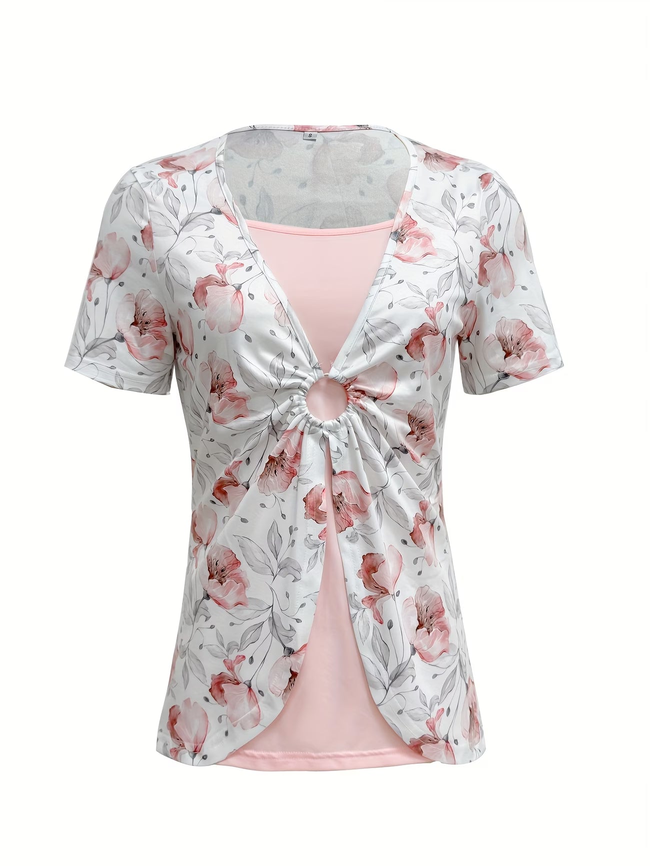 Women's Square Neck Ring Print Faux Two-Piece Top – Short Sleeve