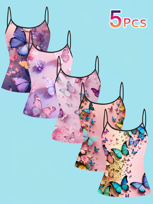 Colourful Butterfly Dance Print Camisole – 5-Piece Women's Spaghetti Strap Set