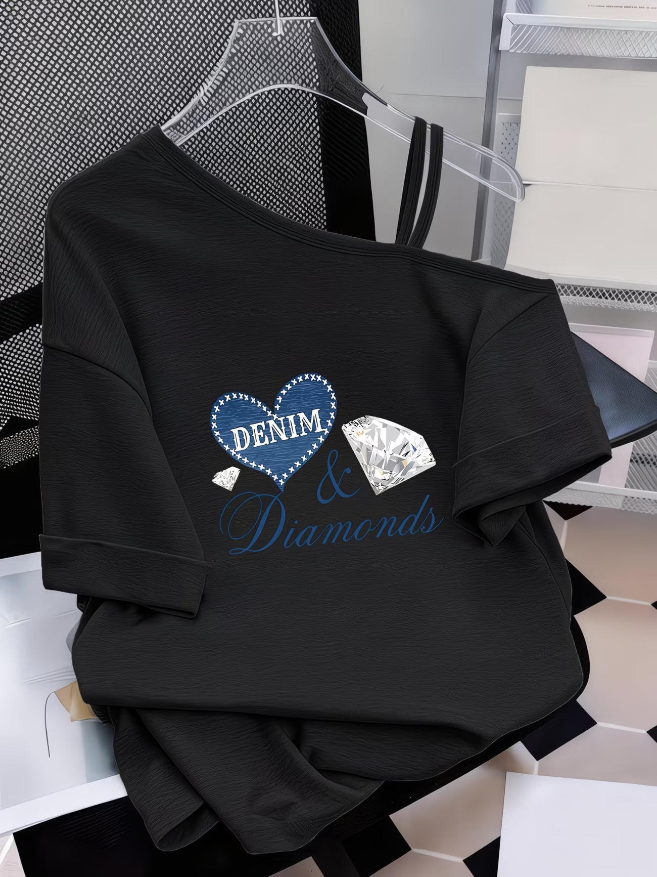 Denim Print Heart & Diamond-Encrusted Graphic T-Shirt