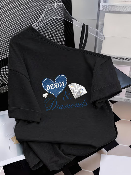 Denim Print Heart & Diamond-Encrusted Graphic T-Shirt