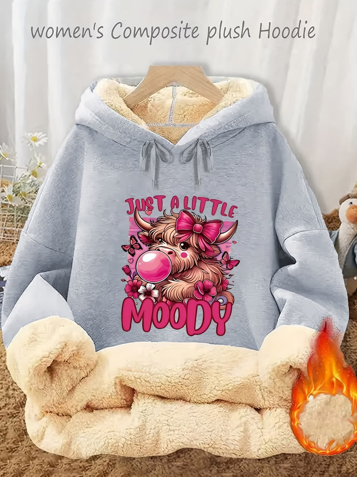 Women's Highland Cow & Bow Fleece-Lined Hoodie
