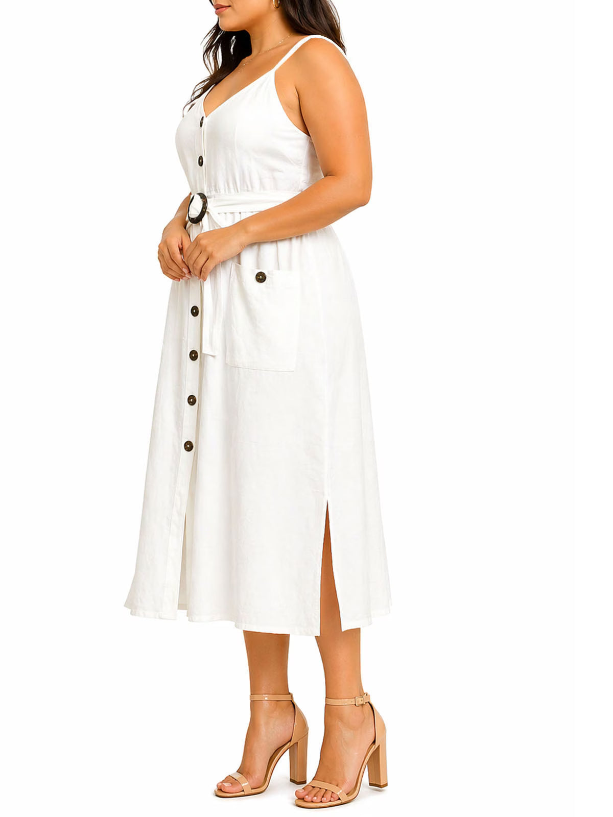 Sleeveless Button Front Maxi Dress with Tie Waist & Pockets – Plus Size