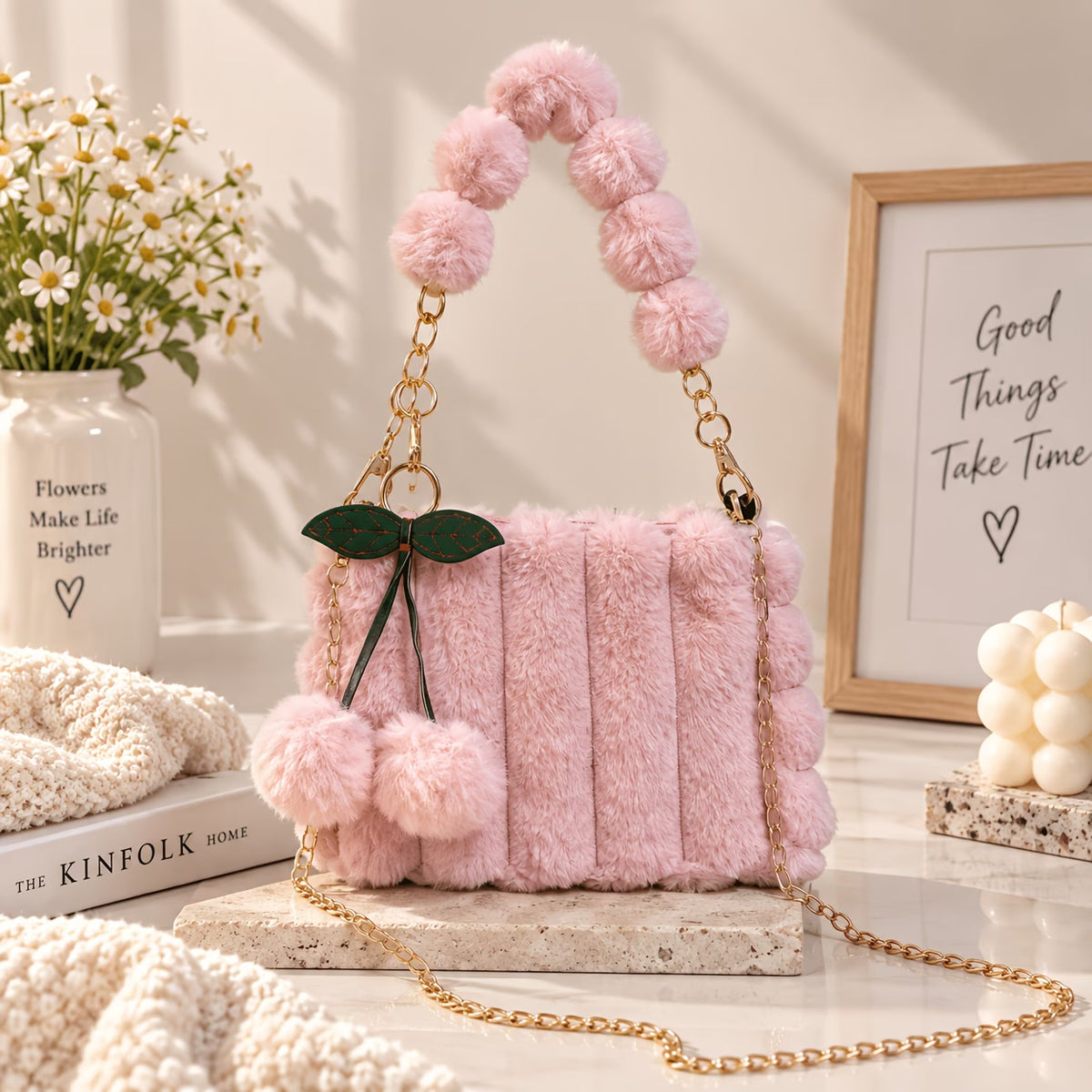 Women's Plush Mini Shoulder Bag with Cherry Charm
