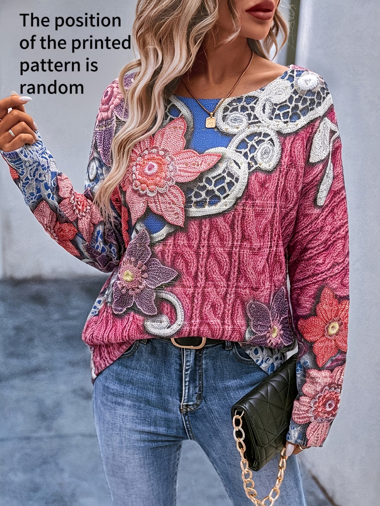 Women's Off-Shoulder Dahlia Pink Twisted Rope Floral Print Sweater