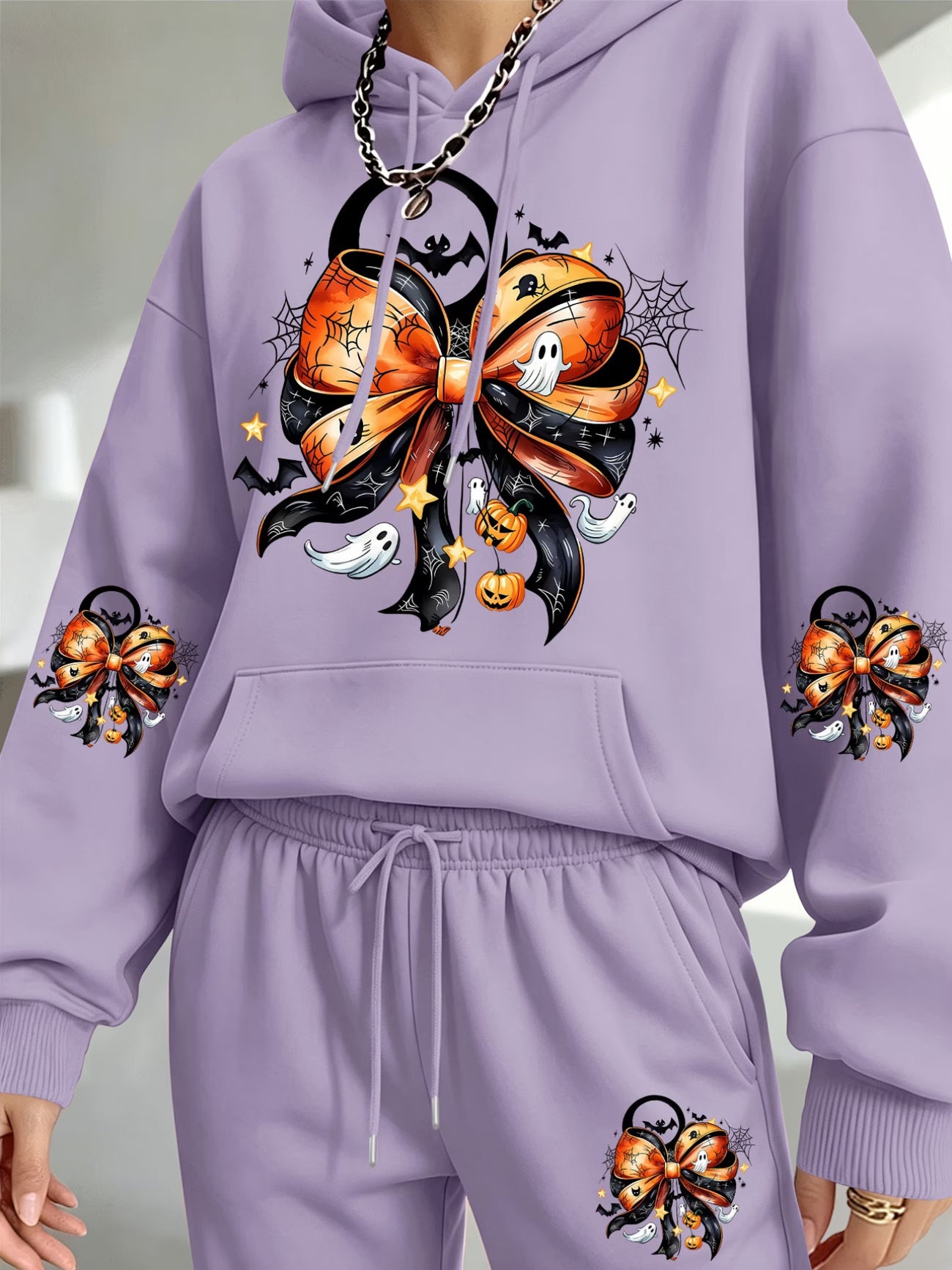 Halloween Pumpkin & Bow Print Hooded Sweatshirt & Sweatpants Set