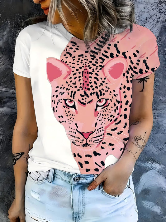 Women's Colour-Block Leopard Print T-Shirt — Pink