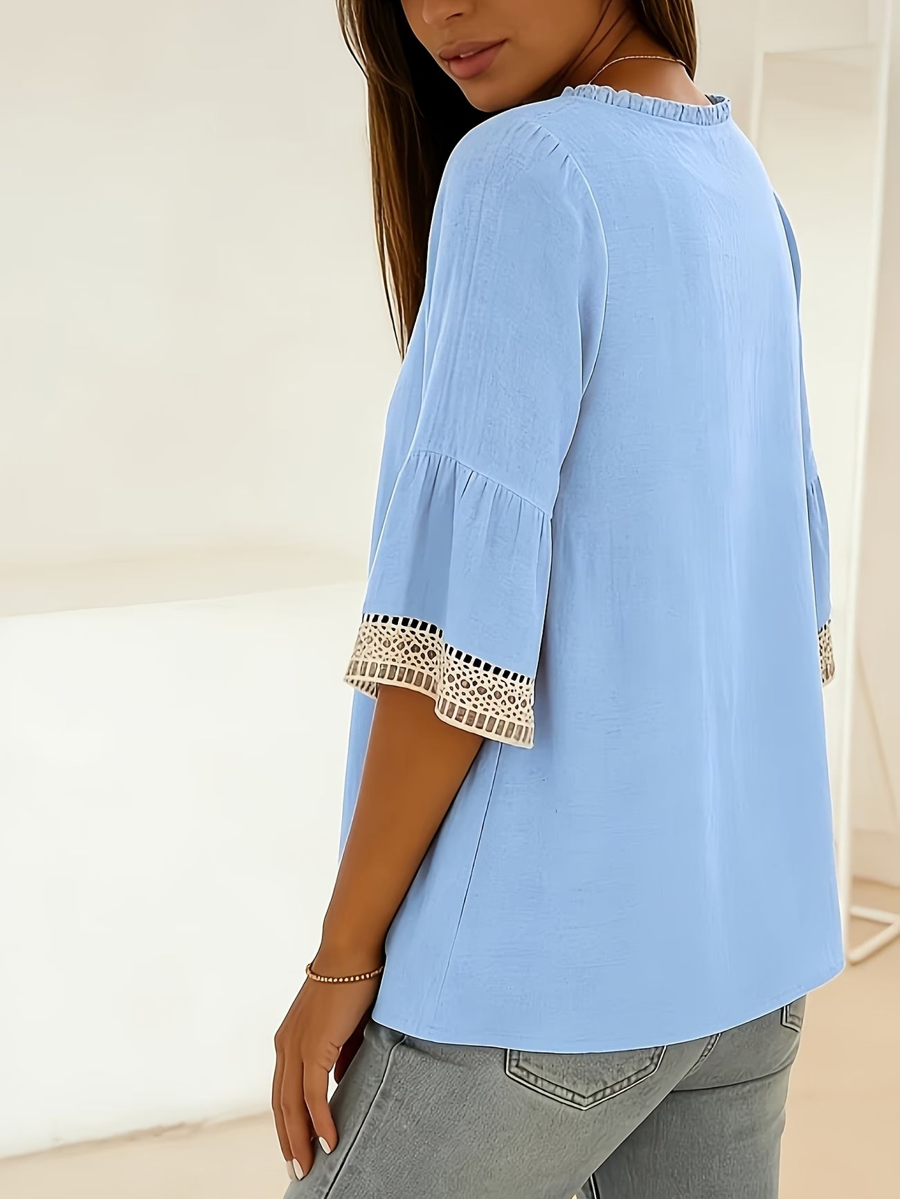 Women's Bohemian Ruffle V-Neck Short Sleeve Shirt