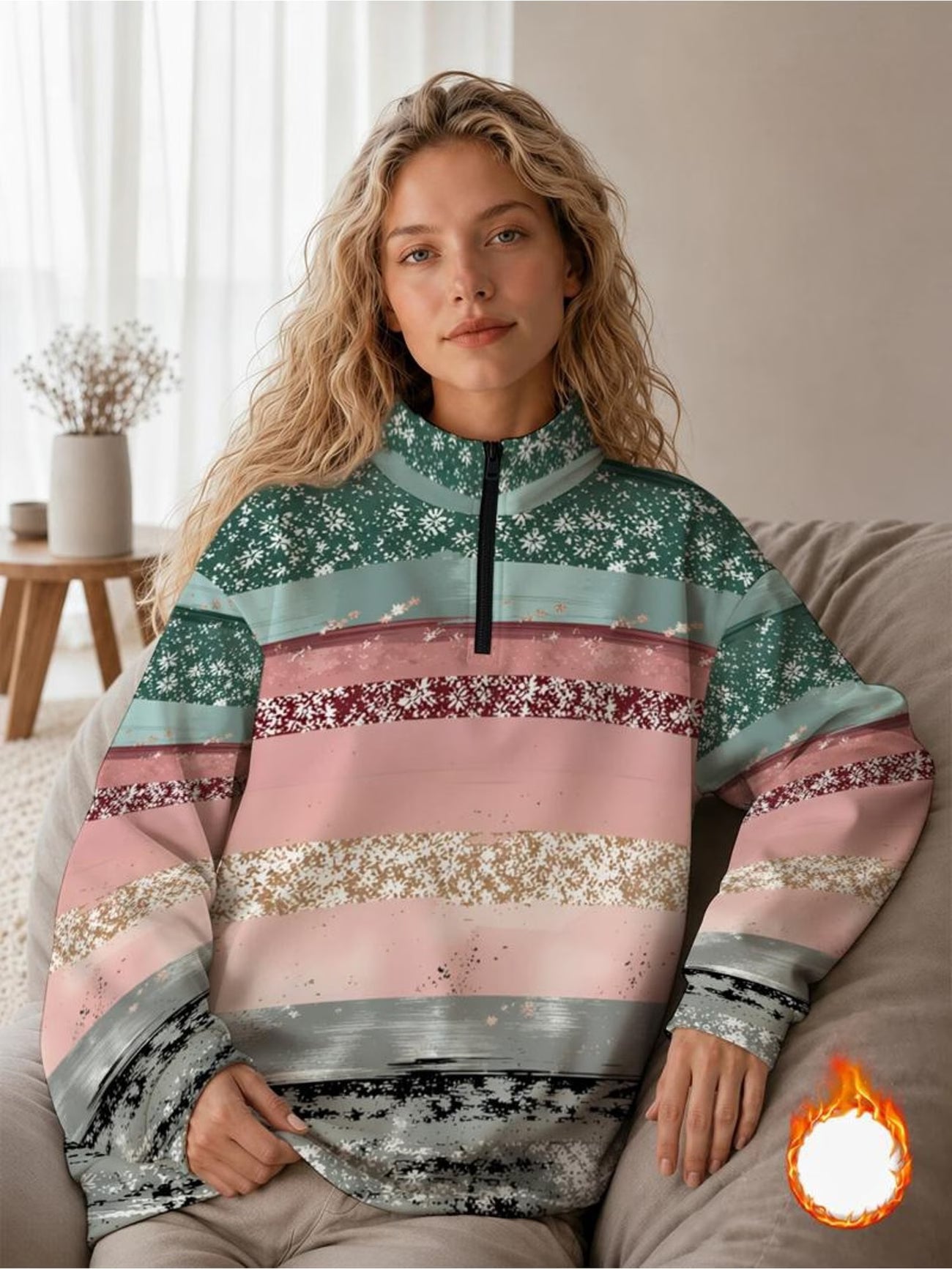 Lined Half-Zip Stand Collar Sweatshirt for Women