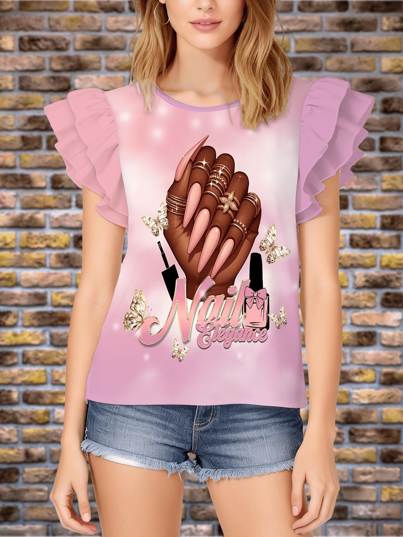 ladies top with Elegantly Printed Manicured Hands on The Front,
