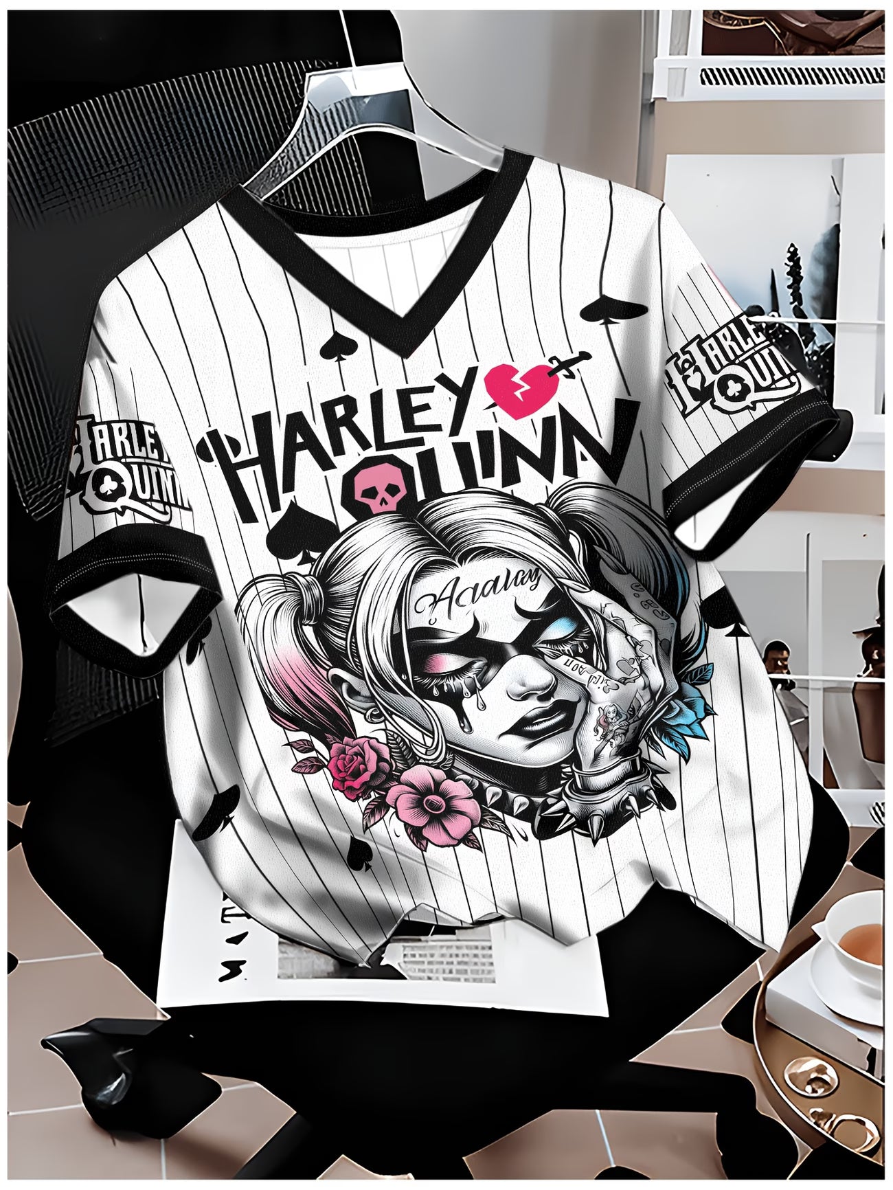 Harley Quinn Original Hand-Print Casual Top — Vertical Striped Baseball-Style with Spade Floral Details