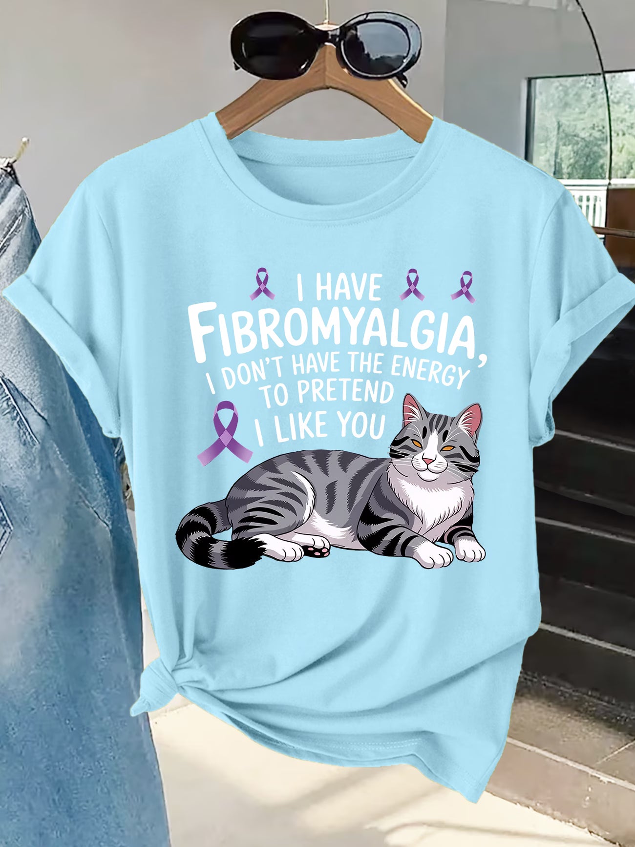 Plus Size Women's Fibromyalgia Awareness T-Shirt – Cat & Ribbon Print Slogan Top