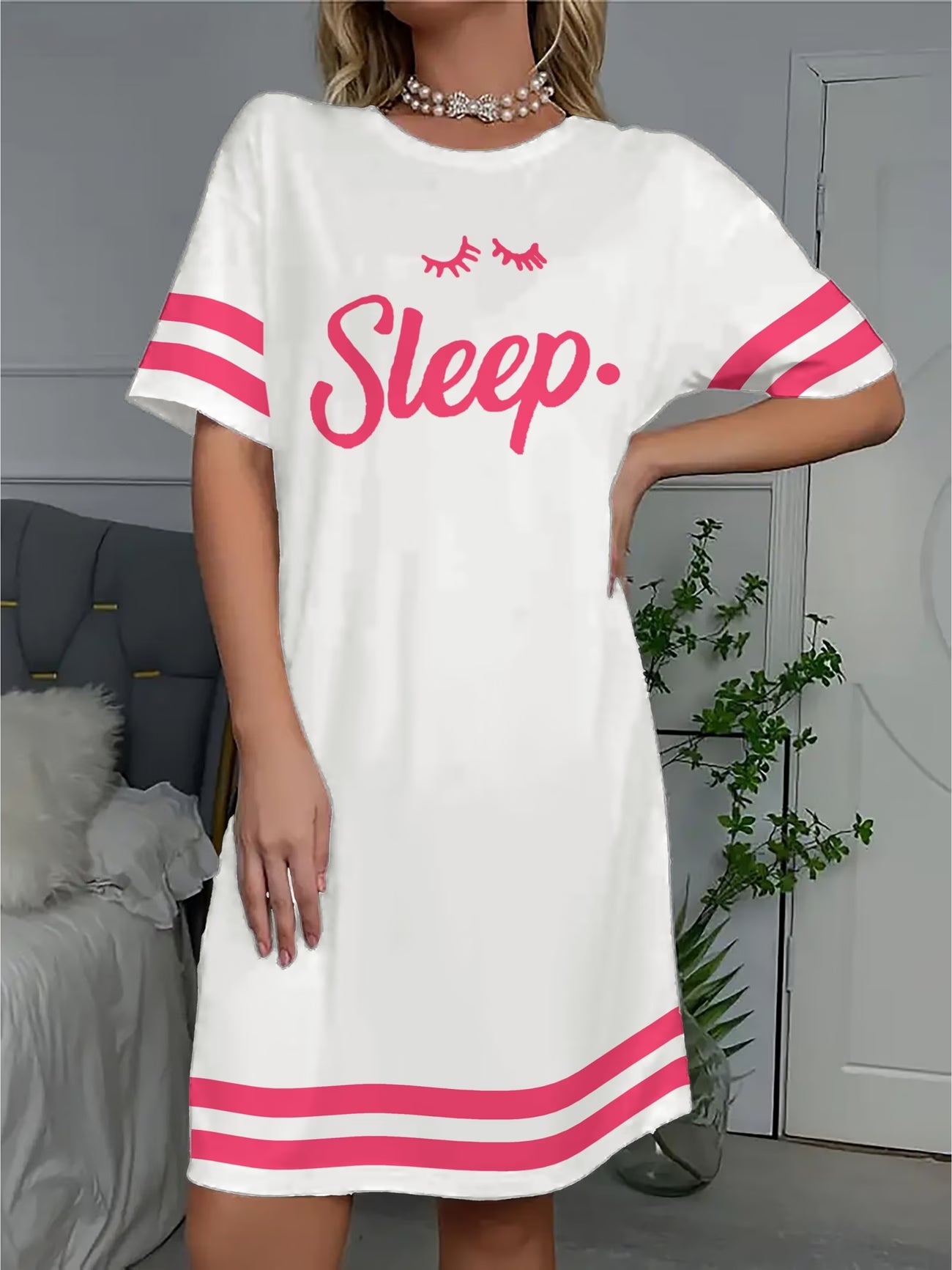 Women's "Sleep" Letter Print Nightgown – Contrast Design Sleepwear Dress