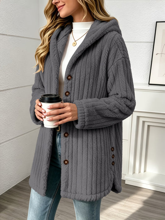 Women's Hooded Teddy Fleece Button-Front Coat