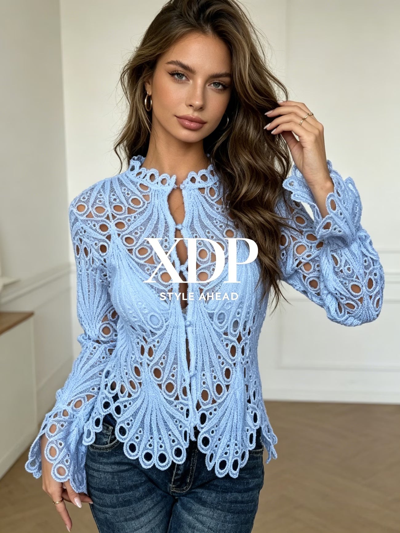 Crochet Lace Long Sleeve Blouse — Hollow Keyhole Neck