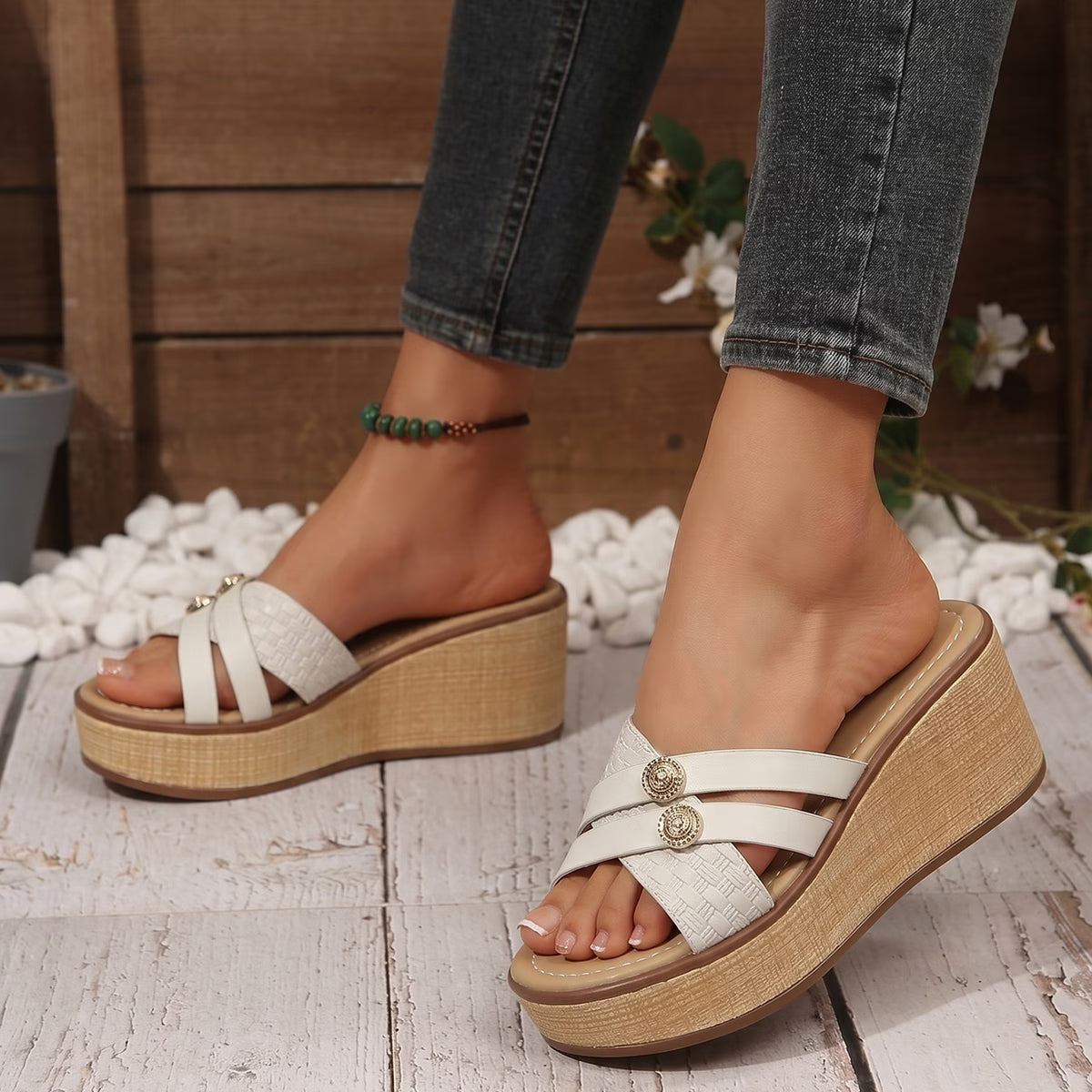 Cross-Strap Double Band Platform Sandals with Gold Accent