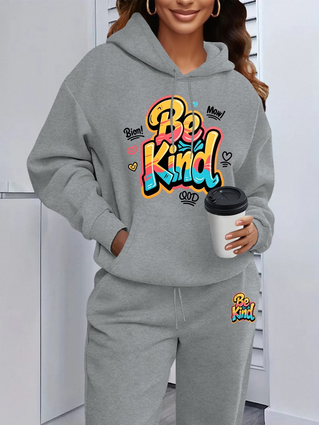 Be Kind Colourful Graffiti Print Hooded Sweatshirt & Sweatpants Set