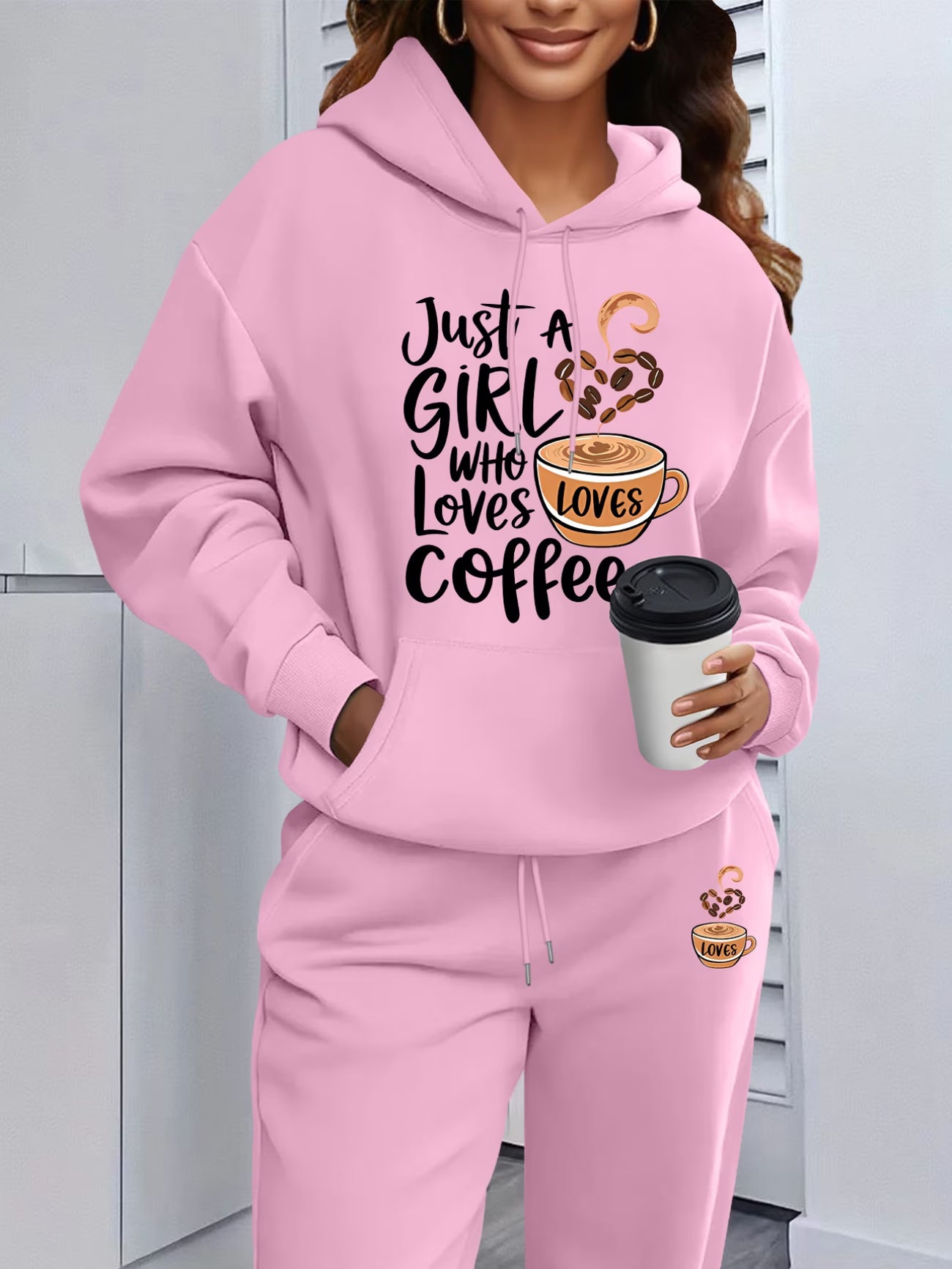 Coffee Lover Cup & Text Print Hooded Sweatshirt & Joggers Set