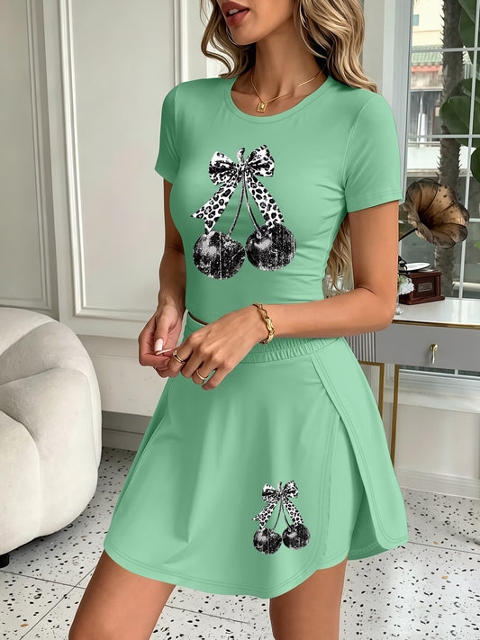 Cherry Print Casual Tight Short-Sleeved T-Shirt shorts-skirt set