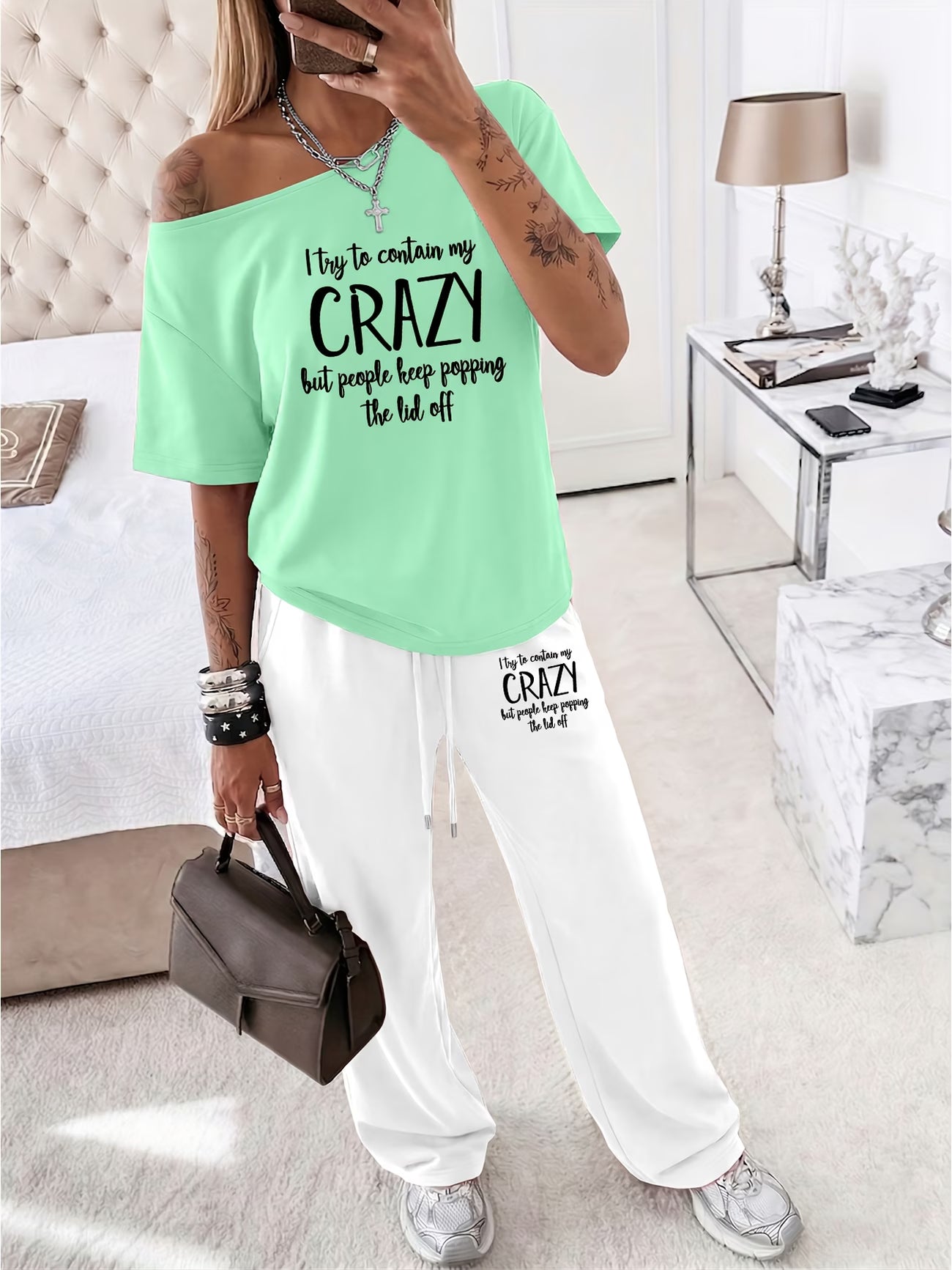 Off-Shoulder Short Sleeve Top & Wide Leg Trousers 2-Piece Co-ord Set